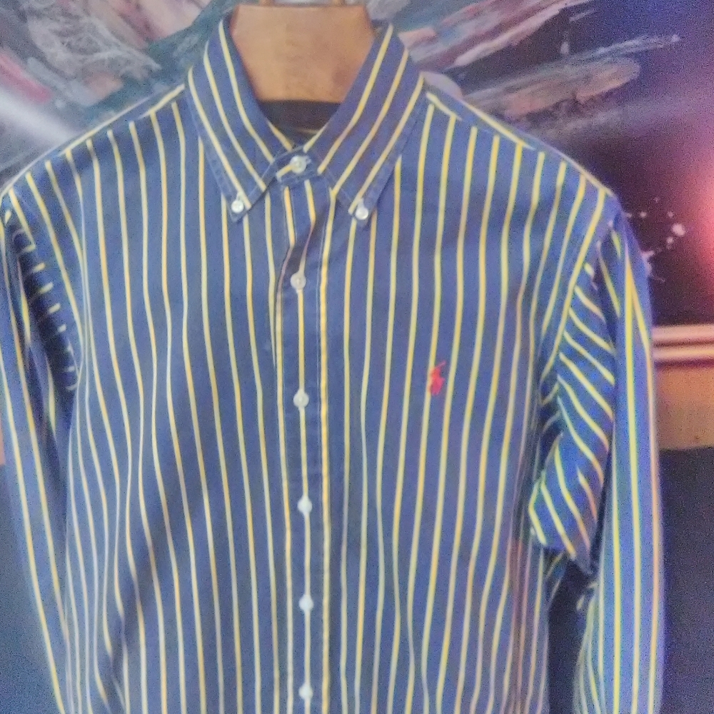 Mens Blue and Yellow Striped Polo Botton-down